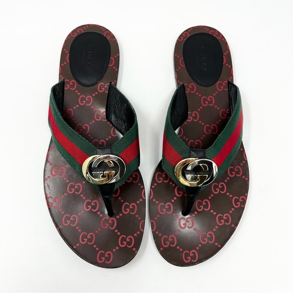 Gucci Shoes - Gucci Kika Interlocking GG Logo Thong Sandals Flip Flops Flat Gold Silver 41 11